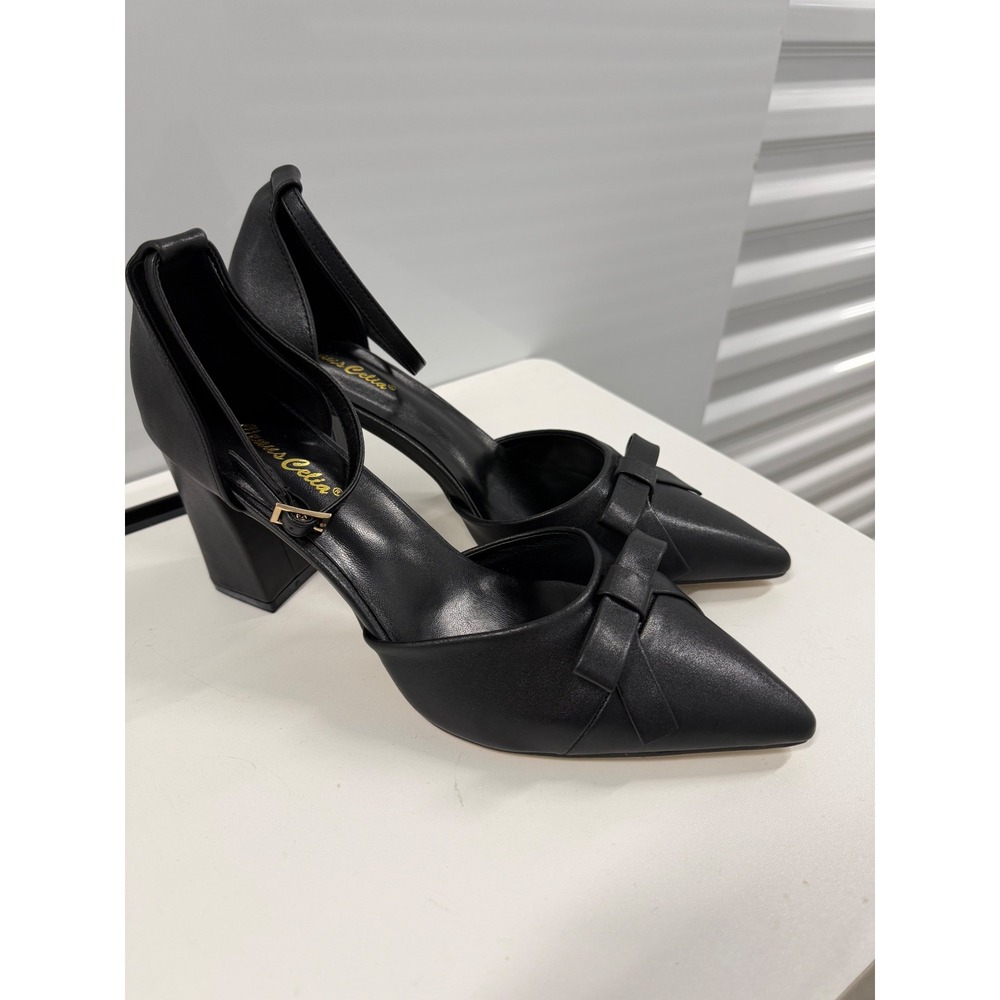Venus Celia Black Bow Pointed Toe Ankle Strap Block Heel Pumps EU 44 USA 12
